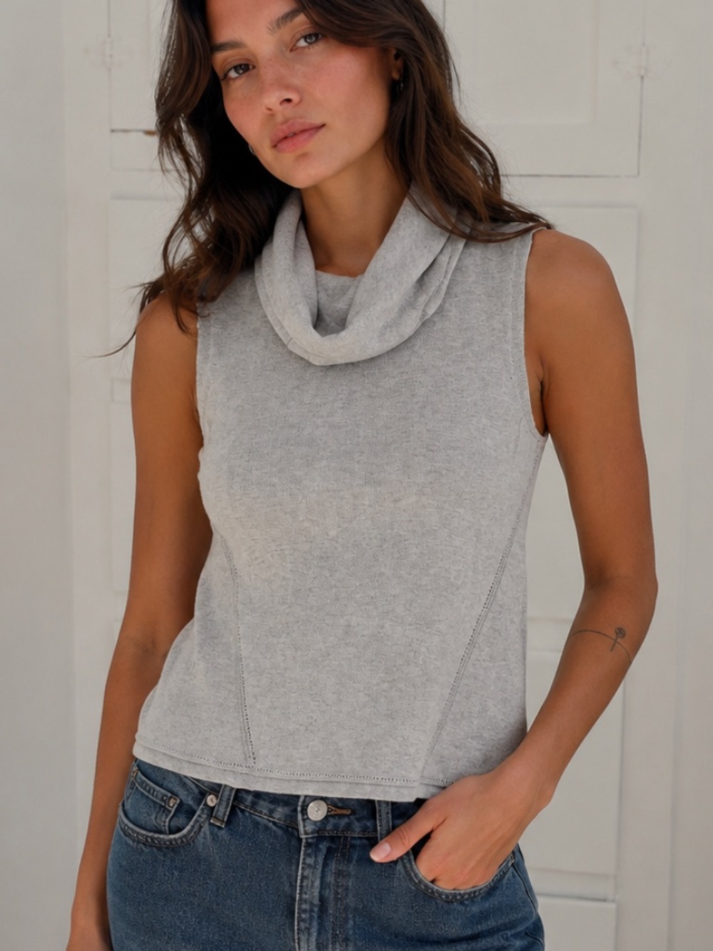 Garnet Hill Linen Organic Cotton Sleeveless Cowl Neck Top XS Gray